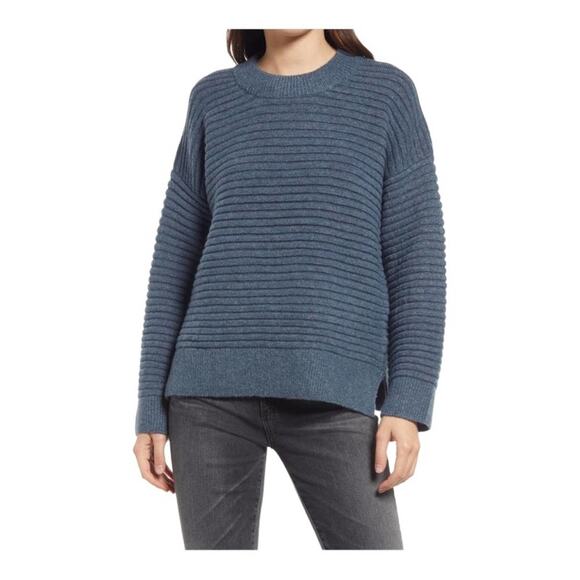 NWT MADEWELL SWEATER WOOL BLEND BLUE HEATHER LAKE KNIT PULLOVER ELSMERE RIBBED - Picture 1 of 10